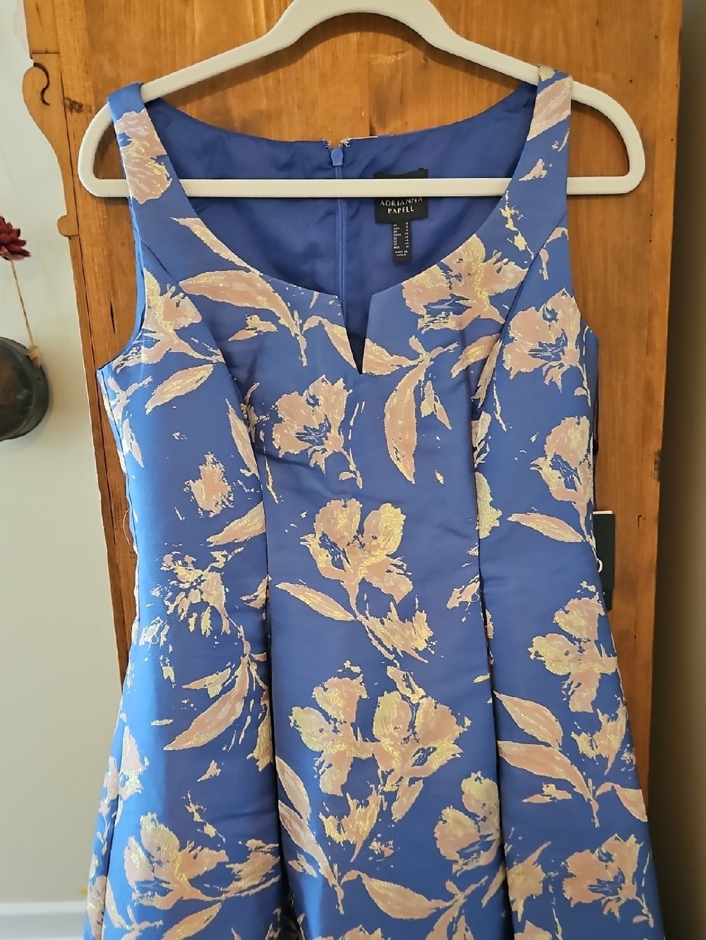 Nwt Elegant  Adrianna Papell Blue Floral Fit-and-Flare Dress with Gold Accents